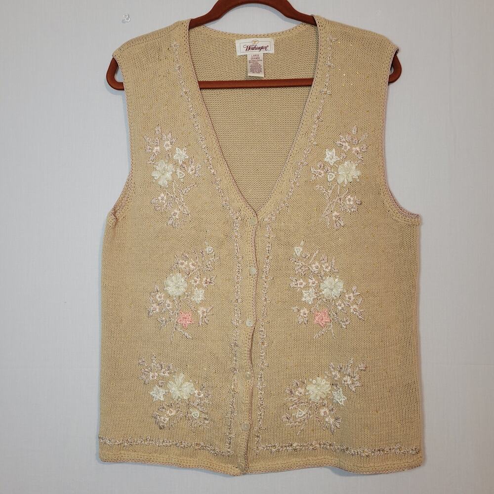 Vintage Floral Embroidered Beaded Sweater Vest sz L Beige Cottagecore Grannycore